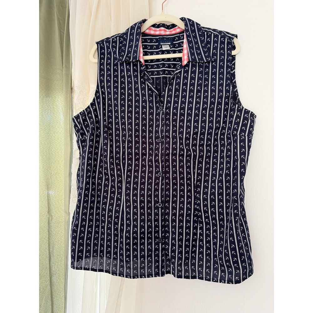 Basic Editions Sleeveless Shirt Womens XXL Navy Excellent Anchor Stripe Nautical